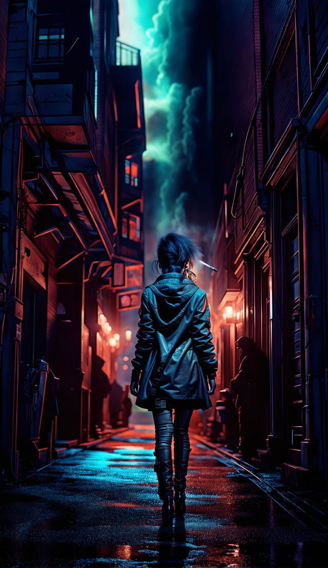 A Ghostpunk world in a hyper-detailed, photorealistic image with cinematic lighting, HDR and HD quality. A woman smoking a cigarette is seen from the back, walking off into the distance into an alleyway, slightly out of frame. Rendered with Redshift, it's a fine art digital piece reminiscent of Mark Molnar's mystical works. Ghostly figures in punk attire populate this Gothic-futuristic cityscape under a neon-lit night sky.