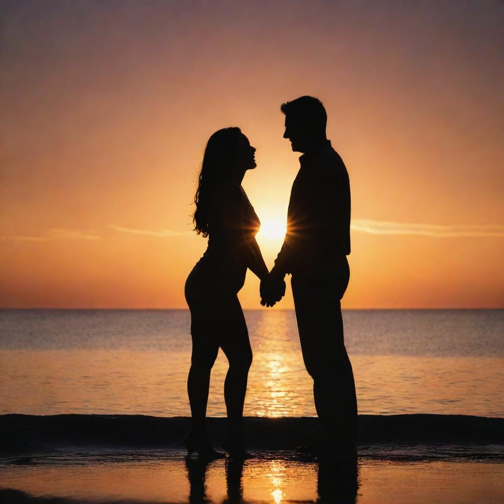 A passionate couple deeply in love, standing together under a glowing sunset. Their silhouettes create a striking contrast against the vibrant backdrop of the setting sun.