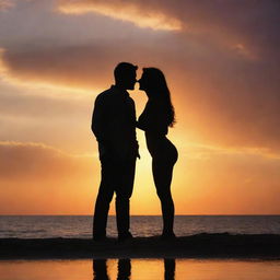 A passionate couple deeply in love, standing together under a glowing sunset. Their silhouettes create a striking contrast against the vibrant backdrop of the setting sun.