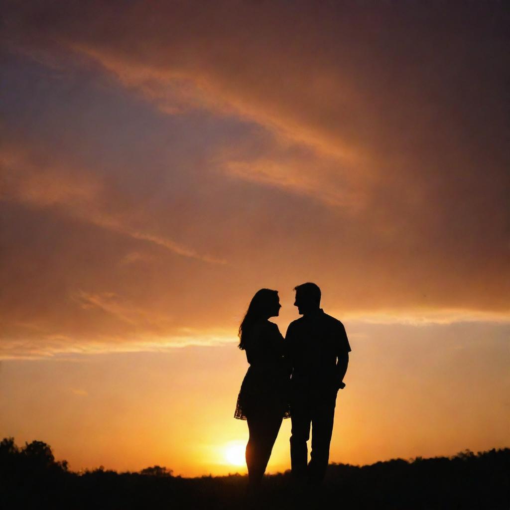 A passionate couple deeply in love, standing together under a glowing sunset. Their silhouettes create a striking contrast against the vibrant backdrop of the setting sun.