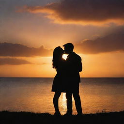 A passionate couple deeply in love, standing together under a glowing sunset. Their silhouettes create a striking contrast against the vibrant backdrop of the setting sun.