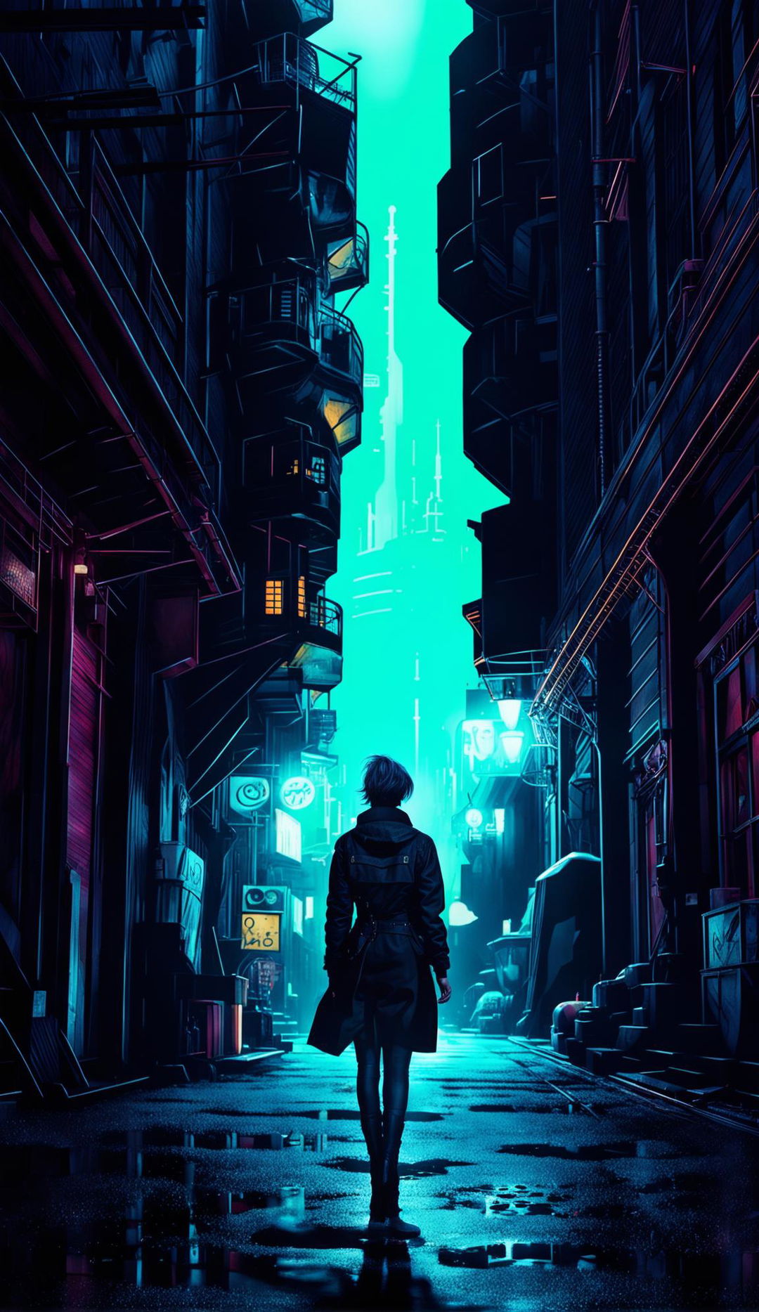 A Ghostpunk world in a hyper-detailed, photorealistic image with cinematic lighting, HDR and HD quality. A woman is seen from the back, walking off into the distance into an alleyway, slightly out of frame. Rendered with Redshift, it's a fine art digital piece reminiscent of Mark Molnar's mystical works. Ghostly figures in punk attire populate this Gothic-futuristic cityscape under a neon-lit night sky.