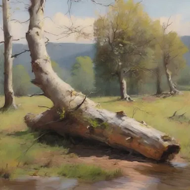 In the painting, a snag in the form of a fallen tree adds depth and complexity to the landscape.