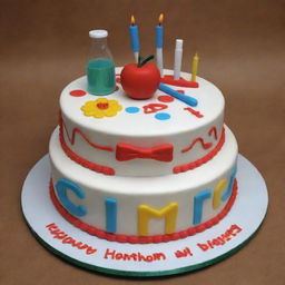 A birthday cake design for a person who is a teacher and works at a hospital laboratory, incorporating relevant thematic elements.