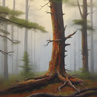 The painter captured the beauty of the snag in the middle of the untouched forest in his masterpiece.