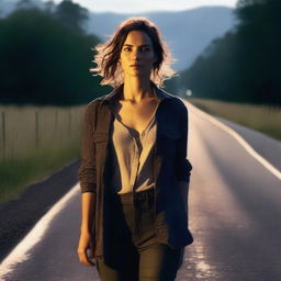 A 4K, photorealistic image of an attractive woman in her mid-20s, dressed in a stylish outfit, hitchhiking on a dimly lit country road