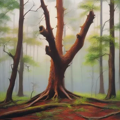 The painter captured the beauty of the snag in the middle of the untouched forest in his masterpiece.