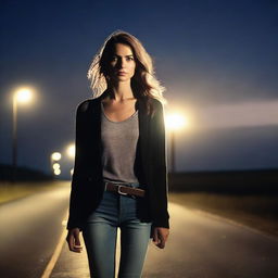 A 4K, photorealistic image of an attractive woman in her mid-20s, dressed in a stylish outfit, hitchhiking on a dimly lit country road