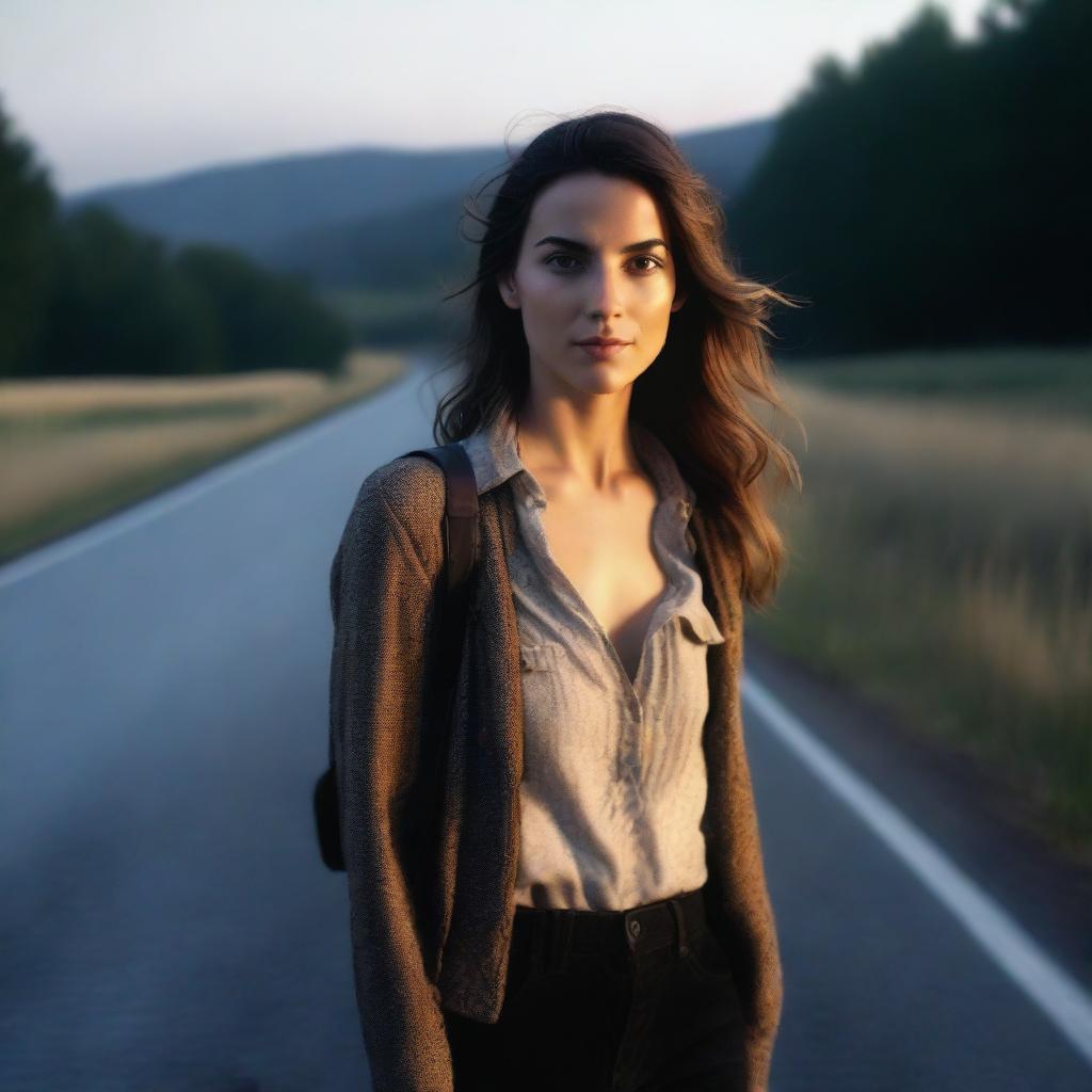 A 4K, photorealistic image of an attractive woman in her mid-20s, dressed in a stylish outfit, hitchhiking on a dimly lit country road