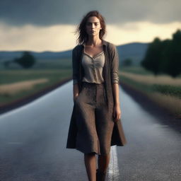 A 4K, photorealistic image of an attractive woman in her mid-20s, dressed in a stylish outfit, hitchhiking on a dimly lit country road