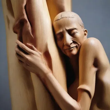 In the sculpture, the artist skillfully carved a snag on the wooden figure, adding a realistic touch.