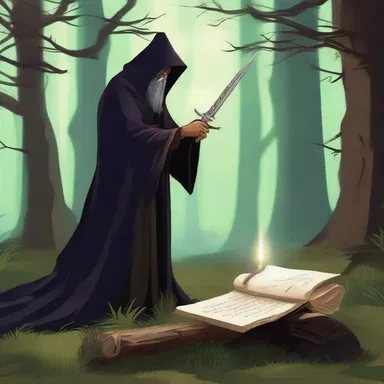 In the magical forest, the dark wizard used his cursed dagger to snag a piece of the ancient scroll.