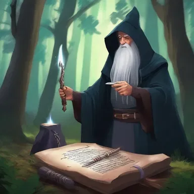 In the magical forest, the dark wizard used his cursed dagger to snag a piece of the ancient scroll.