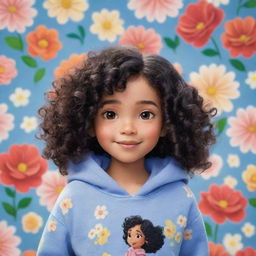 A Disney Pixar-style character of an adorable girl with curly black hair, deemed the prettiest, wearing a hoodie, set against a background with a pattern of blooming flowers