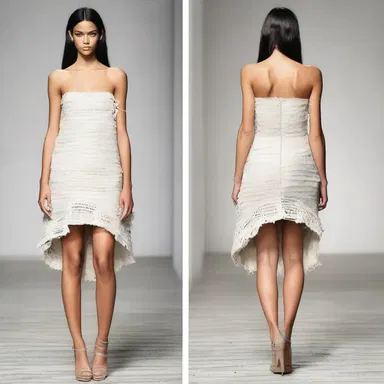 The fashion designer deliberately chose to snag the fabric along the hemline of the dress to create a distressed look.