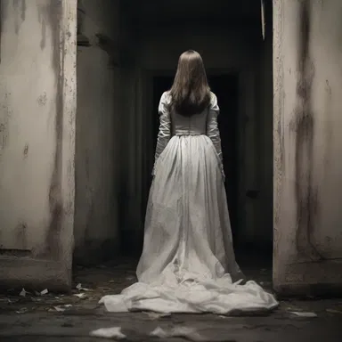 As she walked through the haunted house, her dress snagged on a loose nail, causing her to panic in terror.