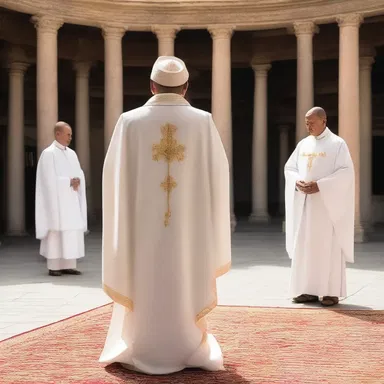 During the religious ceremony, the priest's robe snagged on a pillar, momentarily interrupting the sacred ritual.