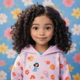 A Disney Pixar-style character of an adorable girl with curly black hair, deemed the prettiest, wearing a hoodie, set against a background with a pattern of blooming flowers