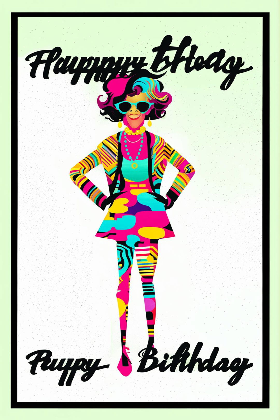 A high-resolution digital art birthday card featuring a vibrant and playful funky old lady with the message 'Happy Birthday'