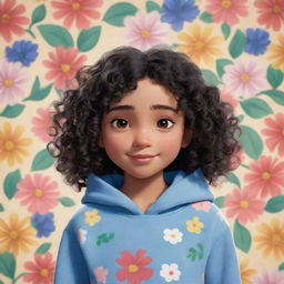 A Disney Pixar-style character of an adorable girl with curly black hair, deemed the prettiest, wearing a hoodie, set against a background with a pattern of blooming flowers