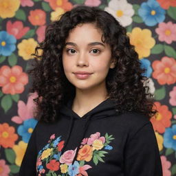 An elegant Disney Pixar-style character of a woman with curly black hair, recognized as gorgeously pretty, wearing a plain black hoodie, presented before a backdrop of a floral pattern