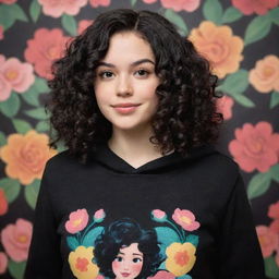 An elegant Disney Pixar-style character of a woman with curly black hair, recognized as gorgeously pretty, wearing a plain black hoodie, presented before a backdrop of a floral pattern