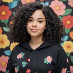 An elegant Disney Pixar-style character of a woman with curly black hair, recognized as gorgeously pretty, wearing a plain black hoodie, presented before a backdrop of a floral pattern