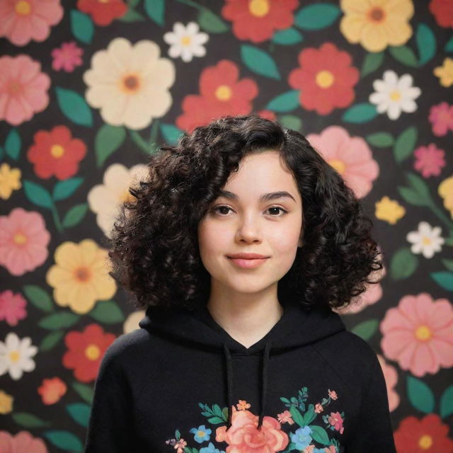 An elegant Disney Pixar-style character of a woman with curly black hair, recognized as gorgeously pretty, wearing a plain black hoodie, presented before a backdrop of a floral pattern