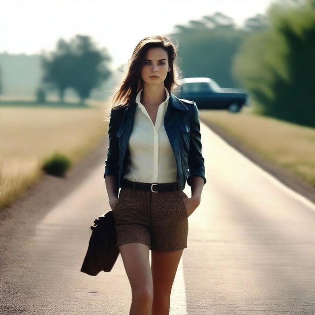 A 4K, photorealistic image showcasing an attractive woman in her mid-20s, hitchhiking along a shadowy country road