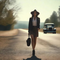 A 4K, photorealistic image showcasing an attractive woman in her mid-20s, hitchhiking along a shadowy country road