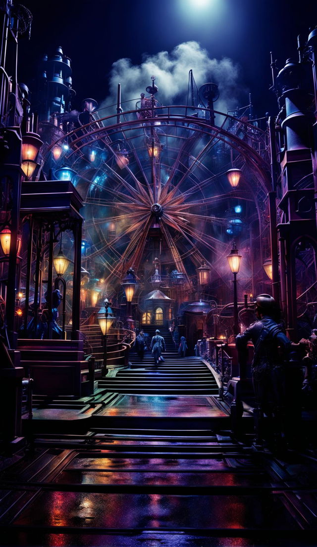 A ghostpunk theme park in a fine art digital photograph with cinematic lighting, HDR, and hyper-detailed realism. Ghostly apparitions interact with steampunk rides under a Mark Molnar-inspired color palette.