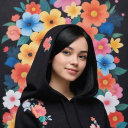 A stunning Disney Pixar-styled character of the prettiest woman with black hair, wearing a plain black hoodie, set before a backdrop decorated with a pattern of flowers