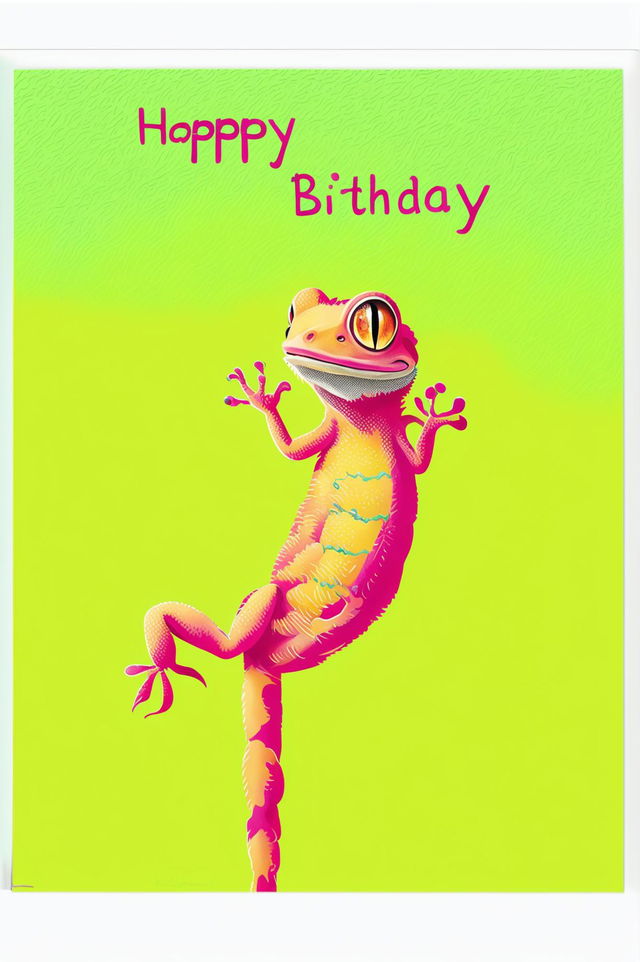 A high-resolution digital art birthday card featuring a detailed, vibrant depiction of a cute gecko with the message 'Happy Birthday'