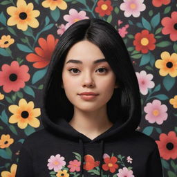 A stunning Disney Pixar-styled character of the prettiest woman with black hair, wearing a plain black hoodie, set before a backdrop decorated with a pattern of flowers