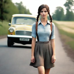 A 4K, photorealistic image presenting an attractive woman in her mid-20s, hitchhiking on a dimly lit country road