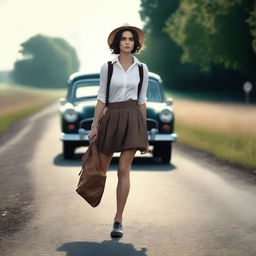 A 4K, photorealistic image presenting an attractive woman in her mid-20s, hitchhiking on a dimly lit country road