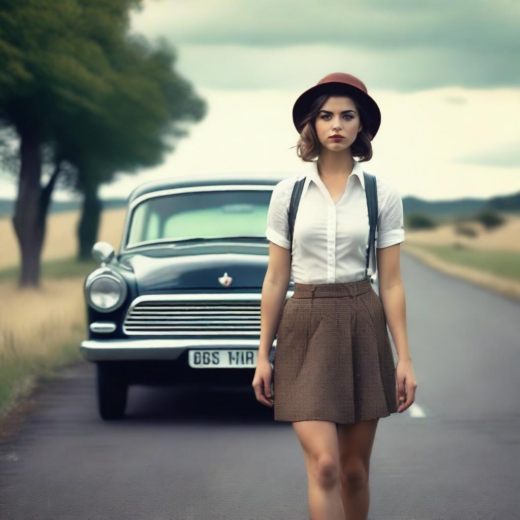 A 4K, photorealistic image presenting an attractive woman in her mid-20s, hitchhiking on a dimly lit country road