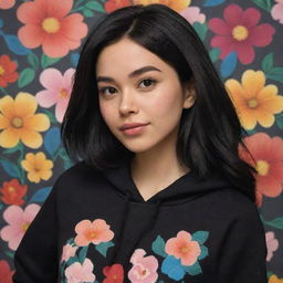 A stunning Disney Pixar-styled character of the prettiest woman with black hair, wearing a plain black hoodie, set before a backdrop decorated with a pattern of flowers