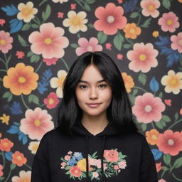 A stunning Disney Pixar-styled character of the prettiest woman with black hair, wearing a plain black hoodie, set before a backdrop decorated with a pattern of flowers