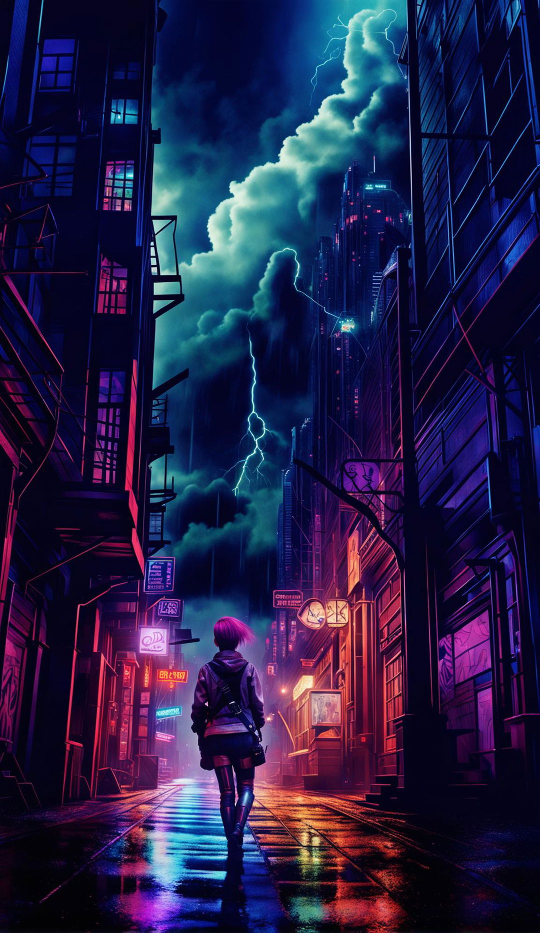 A Ghostpunk world in a hyper-detailed, photorealistic image with cinematic lighting, HDR and HD quality. A woman is seen from the back, walking off into the distance into an alleyway, slightly out of frame. The scene is set under thunderclouds and it's raining. Rendered with Redshift, it's a fine art digital piece reminiscent of Mark Molnar's mystical works. Ghostly figures in punk attire populate this Gothic-futuristic cityscape under a neon-lit night sky.