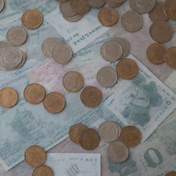 A collection of small denomination currency bills and coins arranged neatly on a table