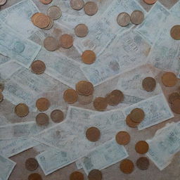 A collection of small denomination currency bills and coins arranged neatly on a table