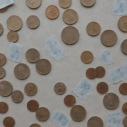 A collection of small denomination currency bills and coins arranged neatly on a table