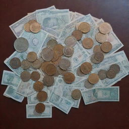 A collection of small denomination currency bills and coins arranged neatly on a table