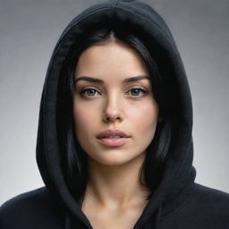 A hyper-realistic portrait of the most beautiful woman with black hair, elegantly wearing a black hoodie