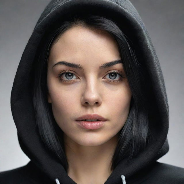 A hyper-realistic portrait of the most beautiful woman with black hair, elegantly wearing a black hoodie