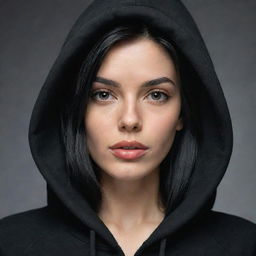 A hyper-realistic portrait of the most beautiful woman with black hair, elegantly wearing a black hoodie