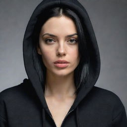 A hyper-realistic portrait of the most beautiful woman with black hair, elegantly wearing a black hoodie