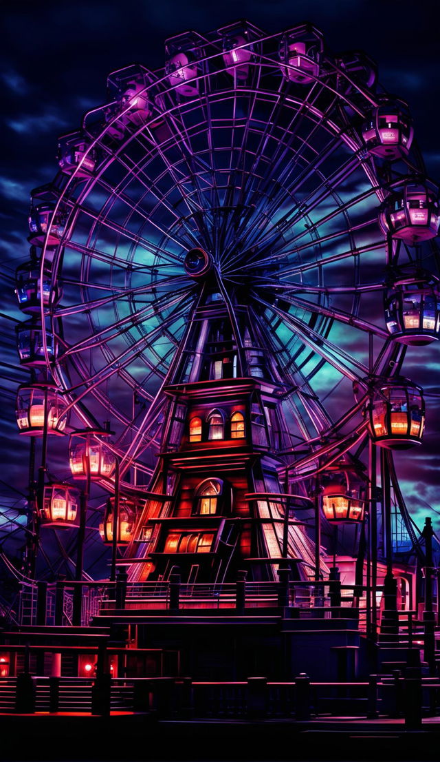 A ghostpunk theme park featuring a prominent ferris wheel in a fine art digital photograph with cinematic lighting, HDR, and hyper-detailed realism. Ghostly apparitions interact with the steampunk ferris wheel under a Mark Molnar-inspired color palette.