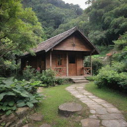 A quaint hut nestled within a peaceful village, surrounded by lush greenery and rustic charm